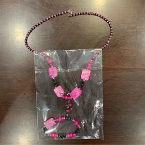Pink And Black Faux Wood Necklace, Earrings, And Bracelet Set